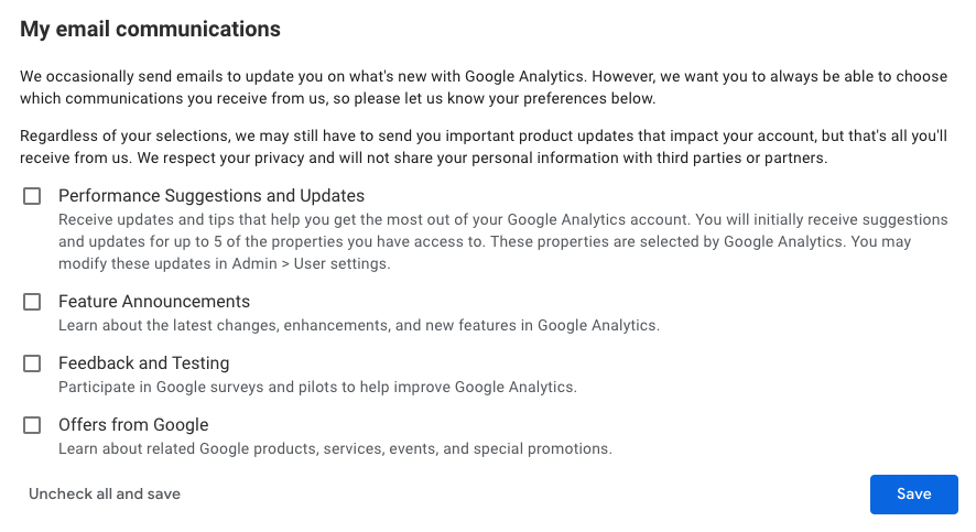 Google Analytics Email Notification Preferences