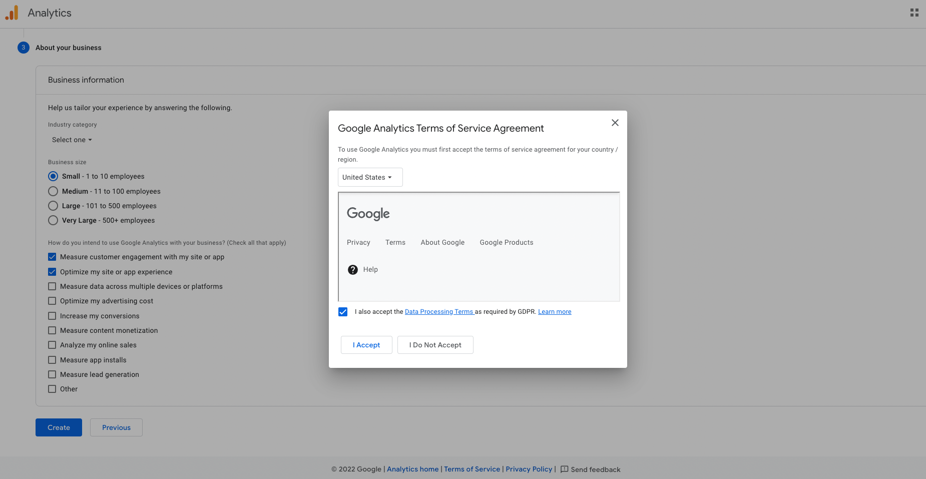 Google Analytics Terms of Service Agreement