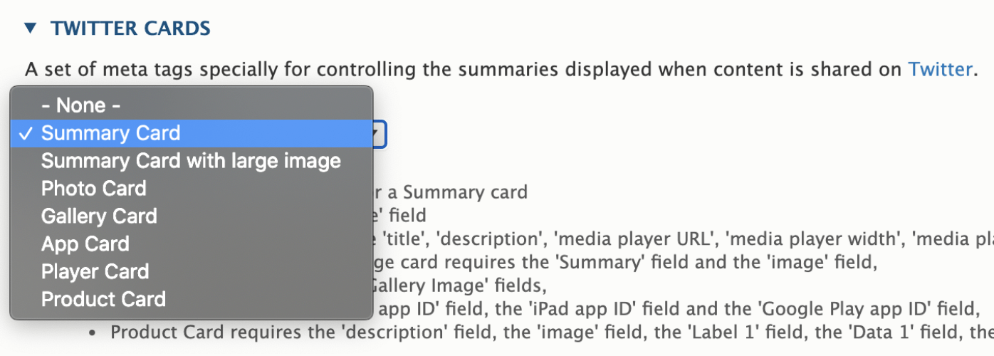 Image of Twitter Cards drop-down menu to display card types