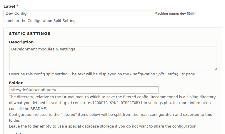 Screenshot showing the Config Split settings screen