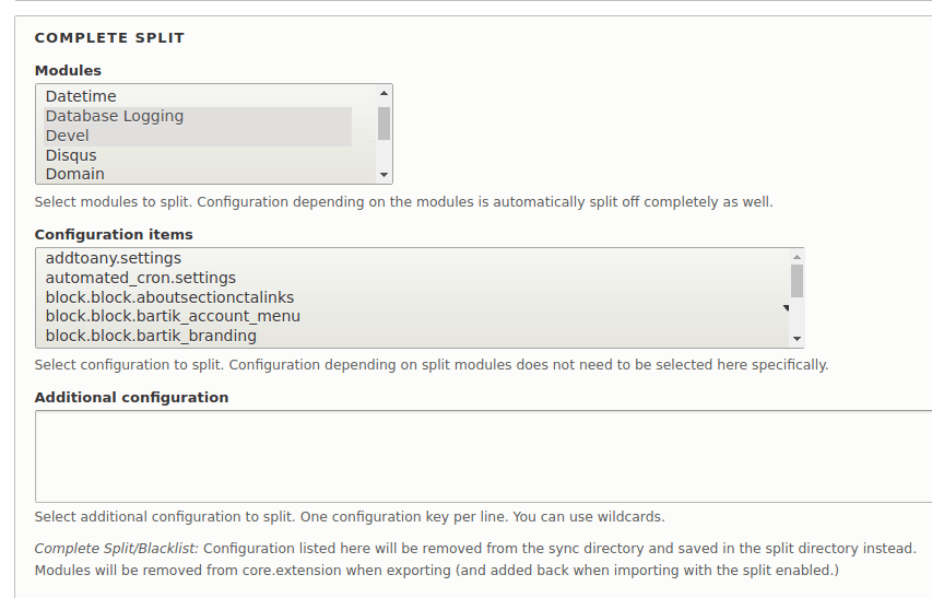 Screenshot showing the Config Split settings screen, where config items are added to the split