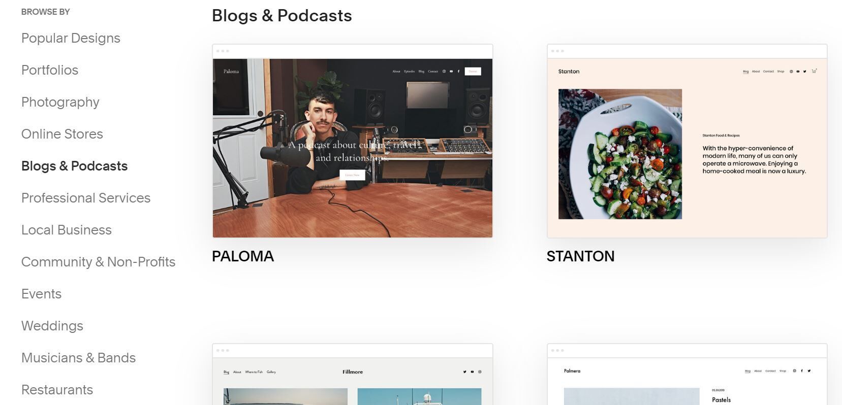 Image of Squarespace template offerings, with categories including popular designs, online stores, and blogs & podcasts